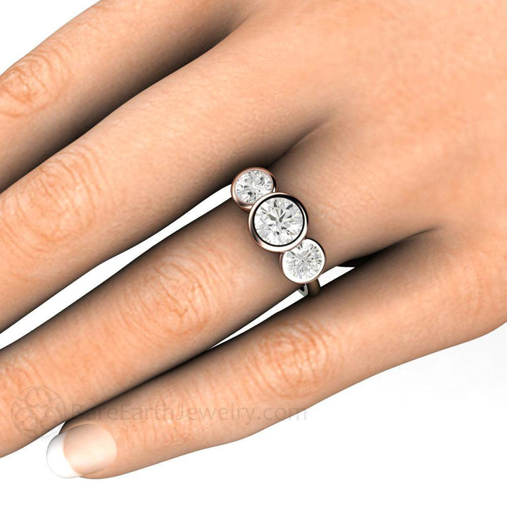 Bezel Set Three Stone Engagement Ring with Forever One Moissanite, Rare Earth Jewelry