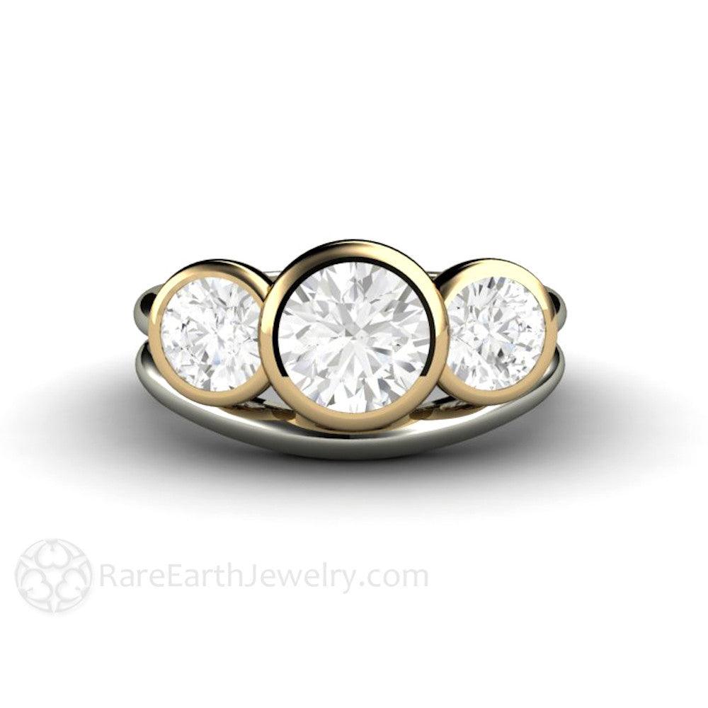 Bezel Set Three Stone Engagement Ring with Forever One Moissanite, Rare Earth Jewelry