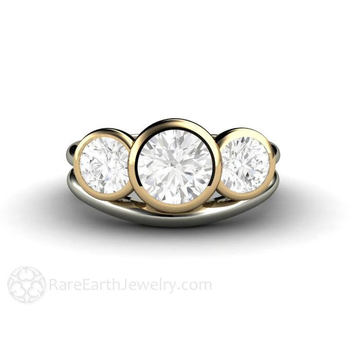 Bezel Set Three Stone Engagement Ring with Forever One Moissanite, Rare Earth Jewelry