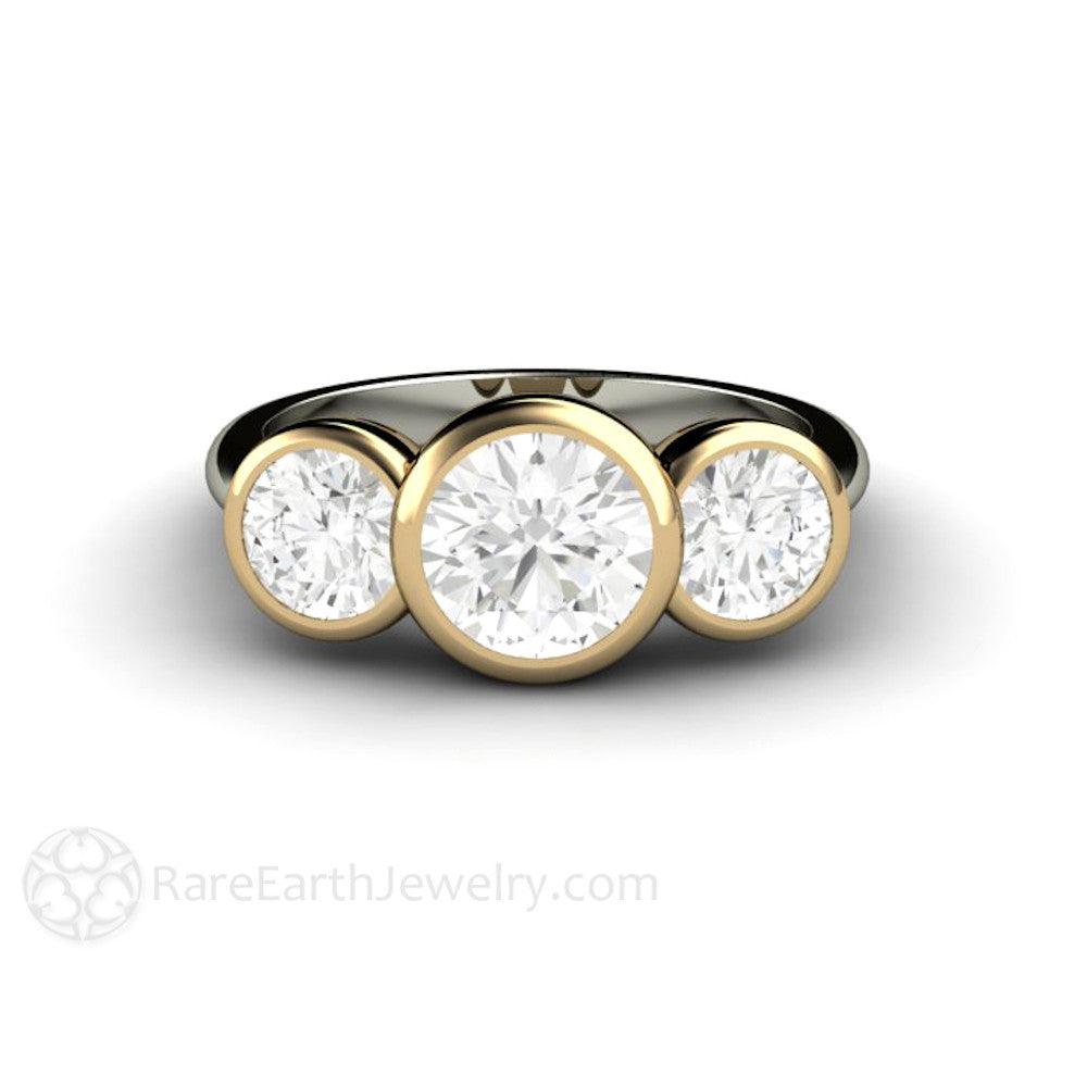 Bezel Set Three Stone Engagement Ring with Forever One Moissanite, Rare Earth Jewelry