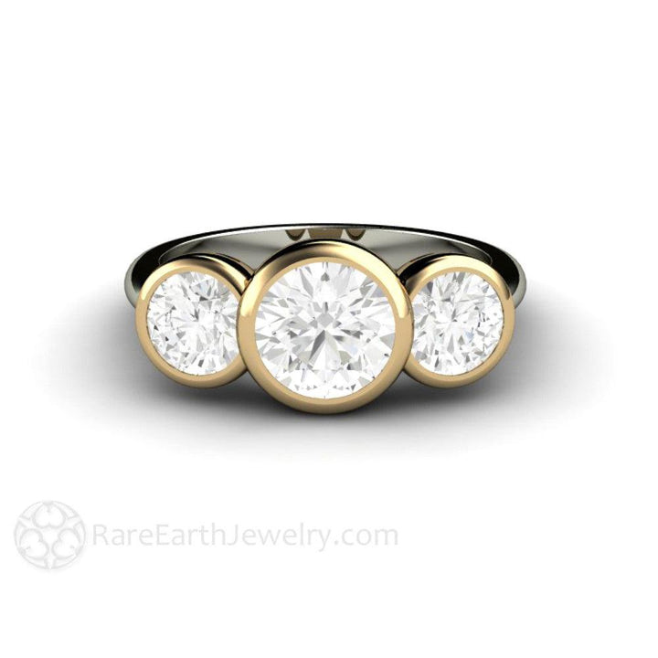 Bezel Set Three Stone Engagement Ring with Forever One Moissanite, Rare Earth Jewelry