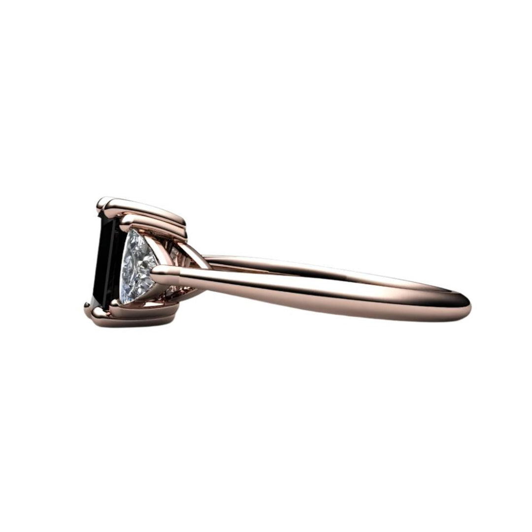 Black Diamond Engagement Ring 3 Stone with Diamond Trillions, Rare Earth Jewelry