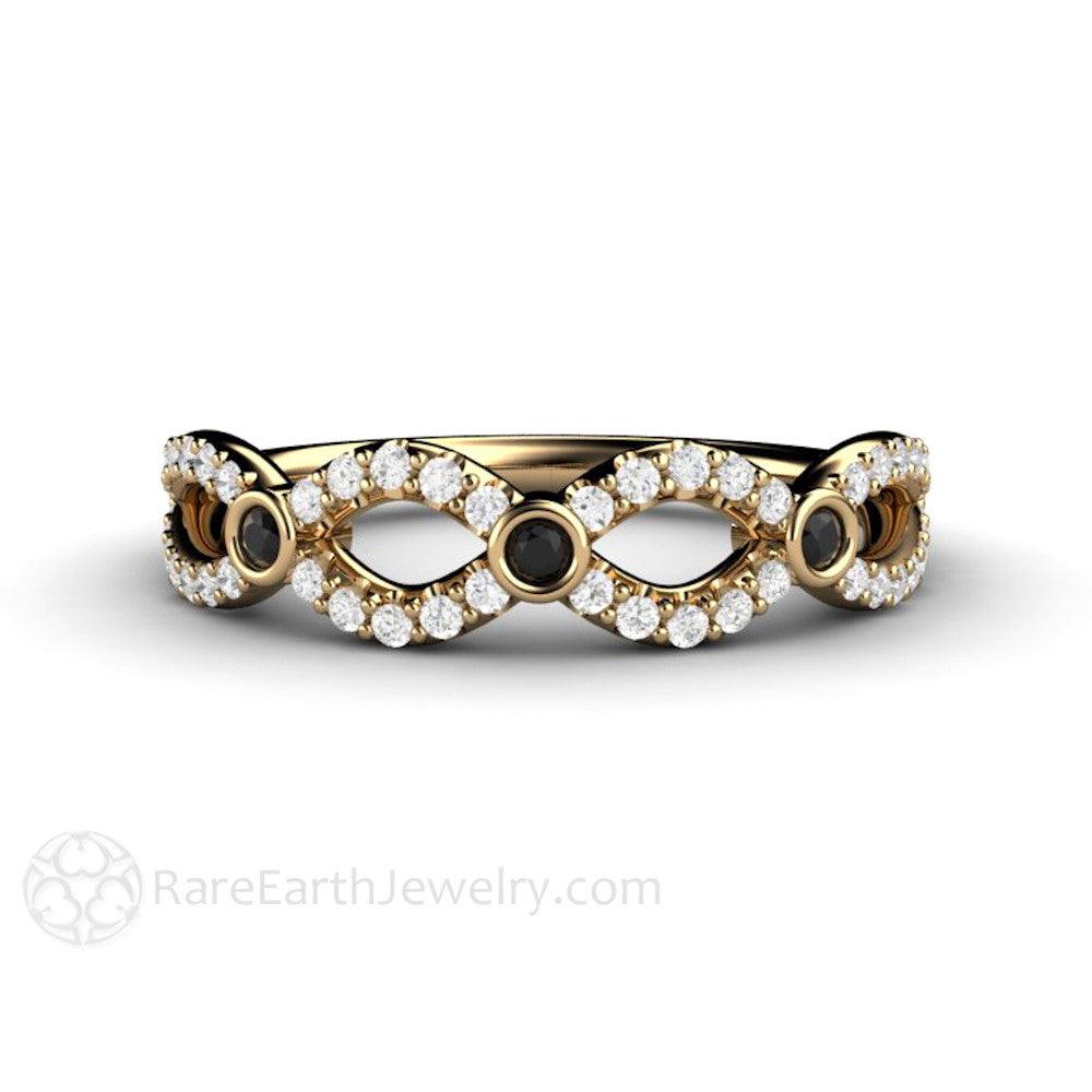 Black and White Diamond Wedding Ring Infinity Design Band, Rare Earth Jewelry