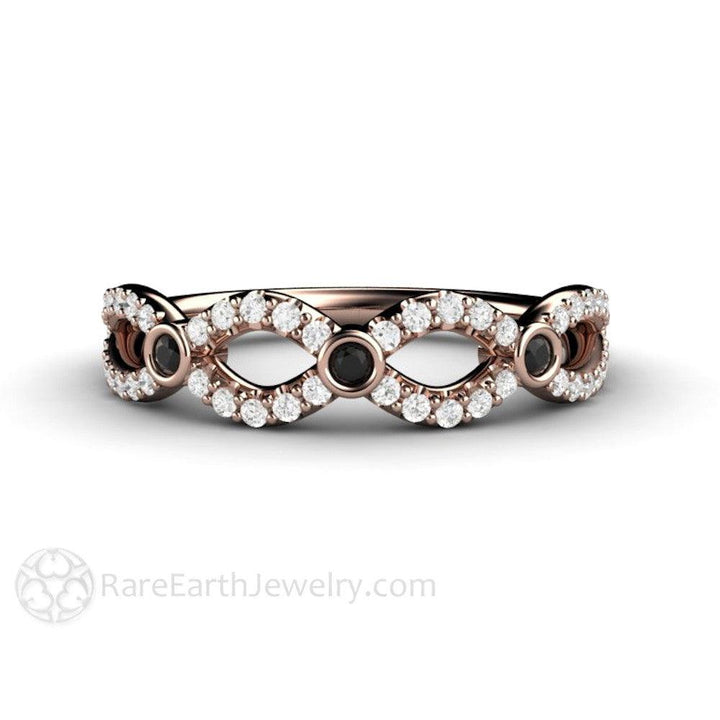 Black and White Diamond Wedding Ring Infinity Design Band, Rare Earth Jewelry