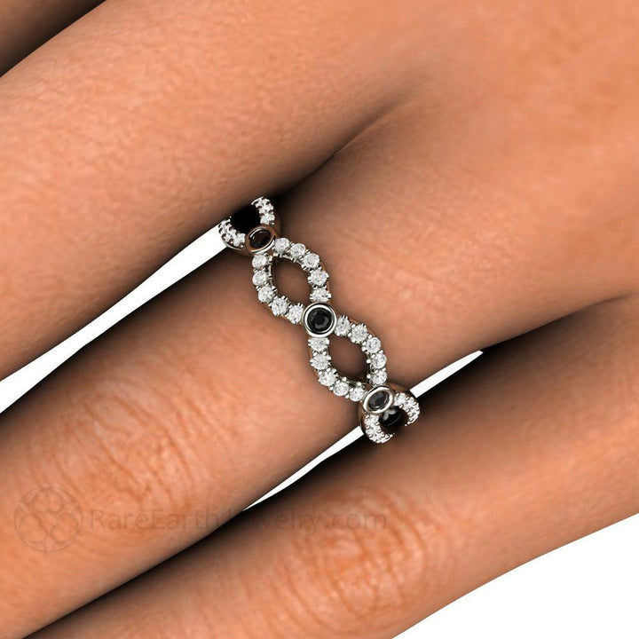 Black and White Diamond Wedding Ring Infinity Design Band, Rare Earth Jewelry