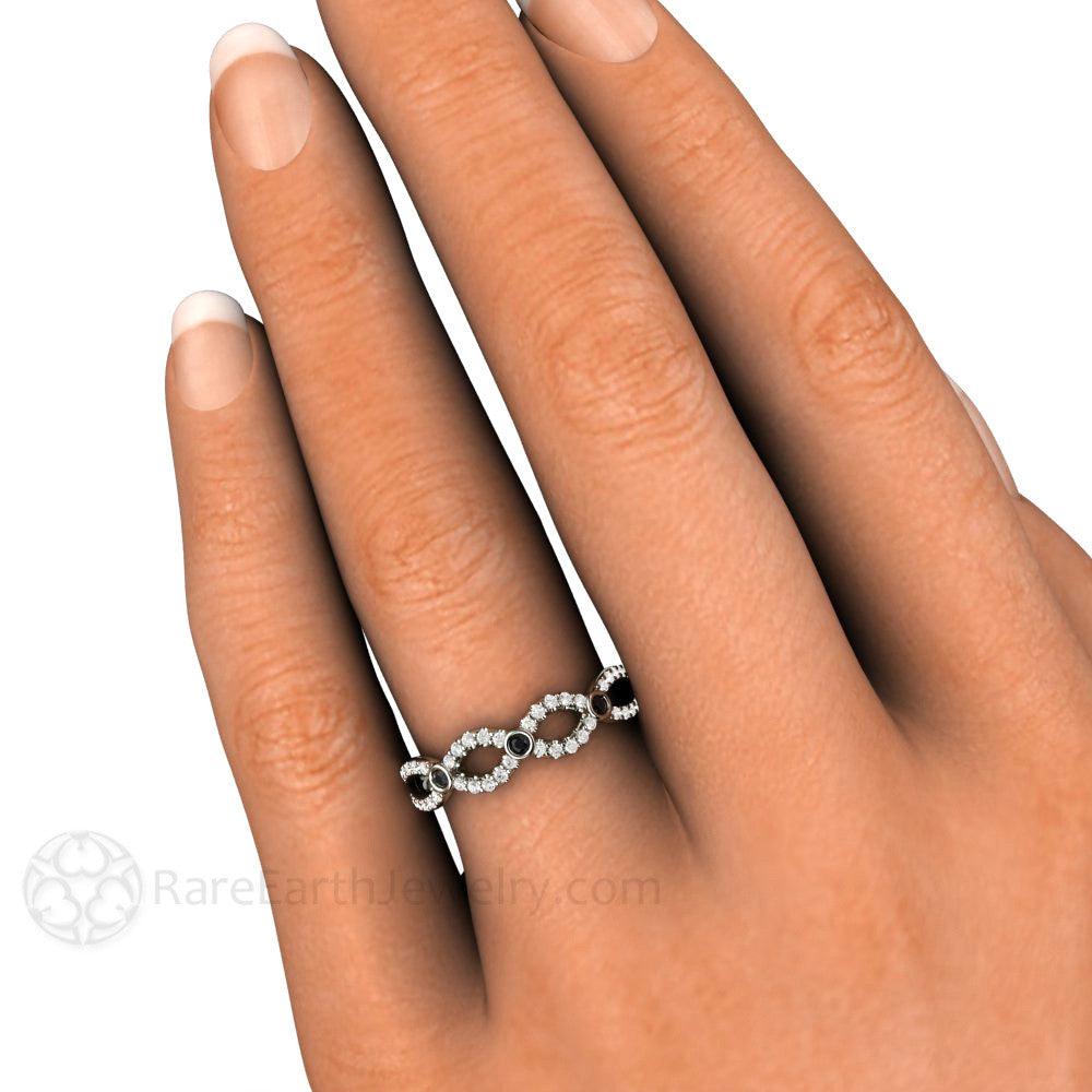 Black and White Diamond Wedding Ring Infinity Design Band, Rare Earth Jewelry