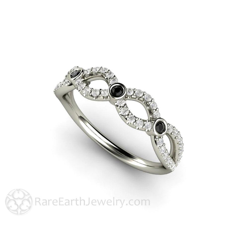 Black and White Diamond Wedding Ring Infinity Design Band, Rare Earth Jewelry