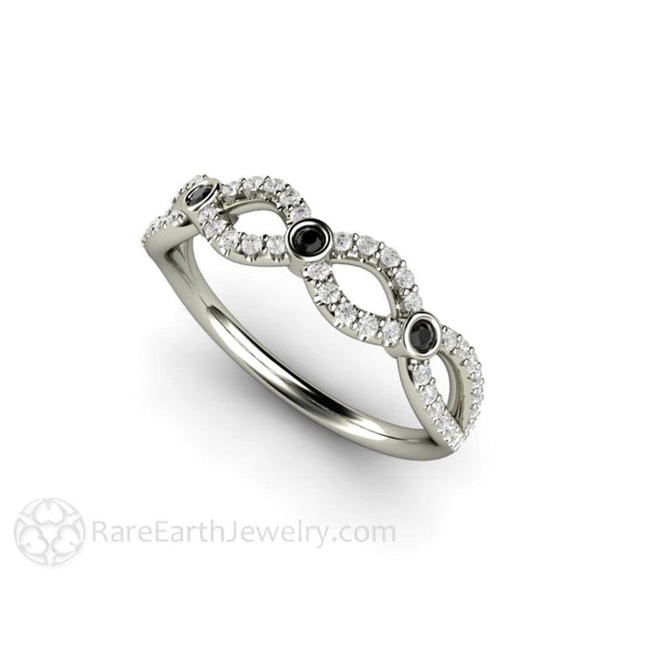 Black and White Diamond Wedding Ring Infinity Design Band, Rare Earth Jewelry