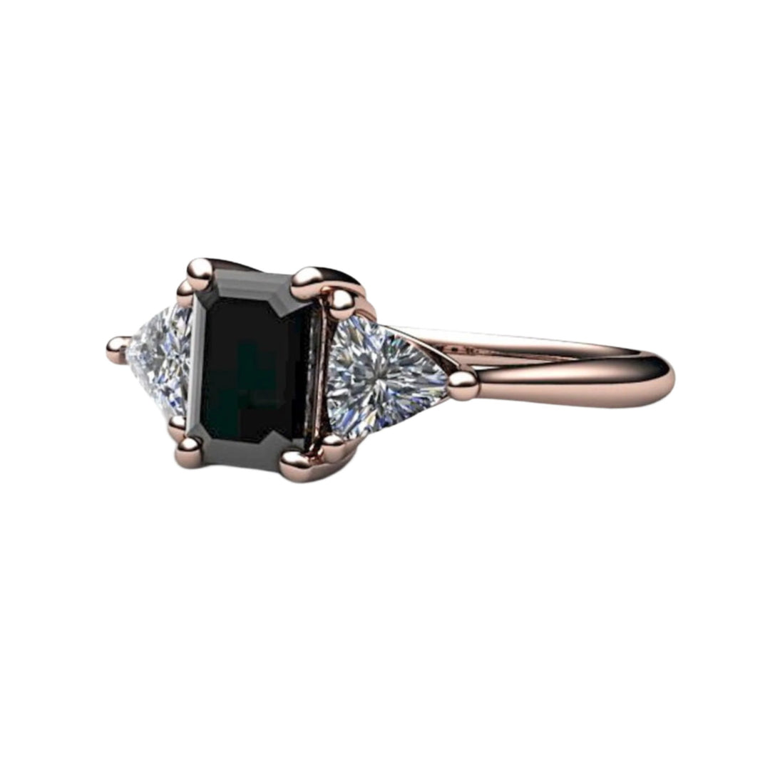 Black Diamond Engagement Ring 3 Stone with Diamond Trillions, Rare Earth Jewelry