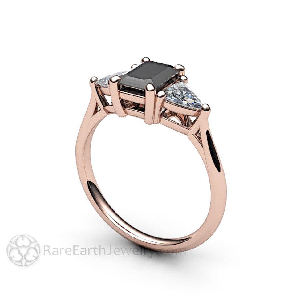 Black Diamond Engagement Ring 3 Stone with Sapphire Trillions, Rare Earth Jewelry