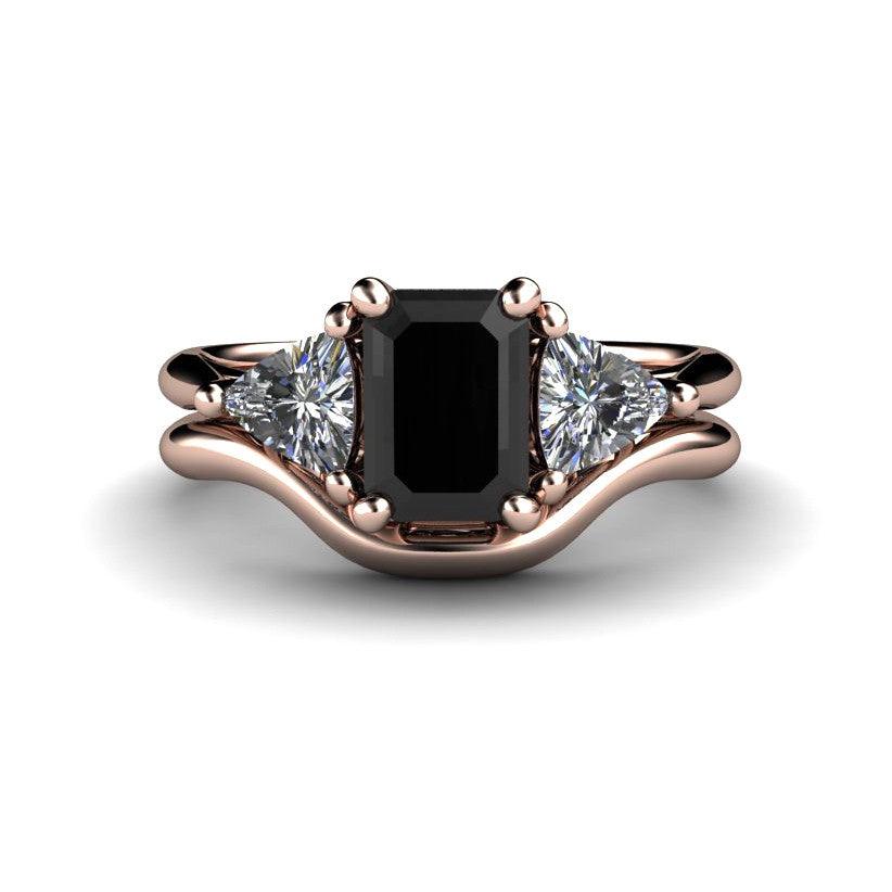 Black Diamond Engagement Ring 3 Stone with Sapphire Trillions, Rare Earth Jewelry