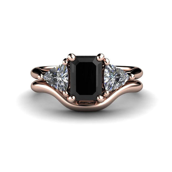 Black Diamond Engagement Ring 3 Stone with Sapphire Trillions, Rare Earth Jewelry