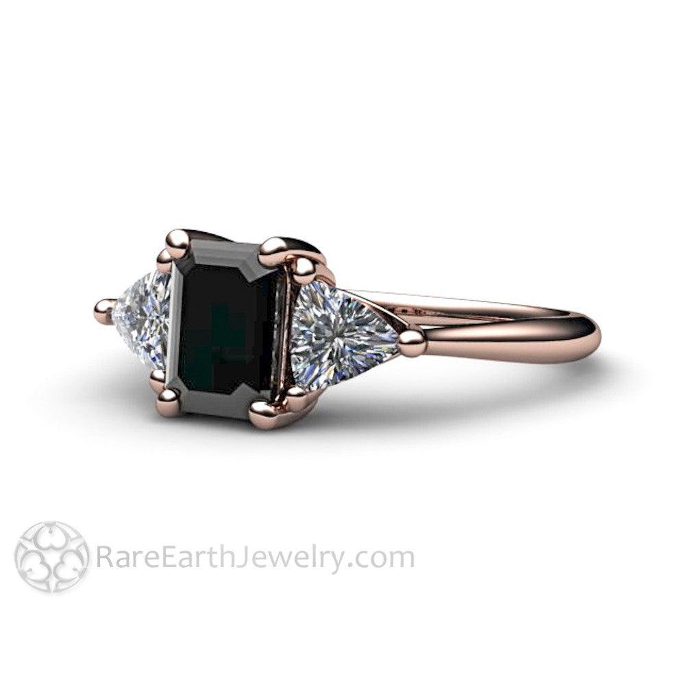 Black Diamond Engagement Ring 3 Stone with Sapphire Trillions, Rare Earth Jewelry