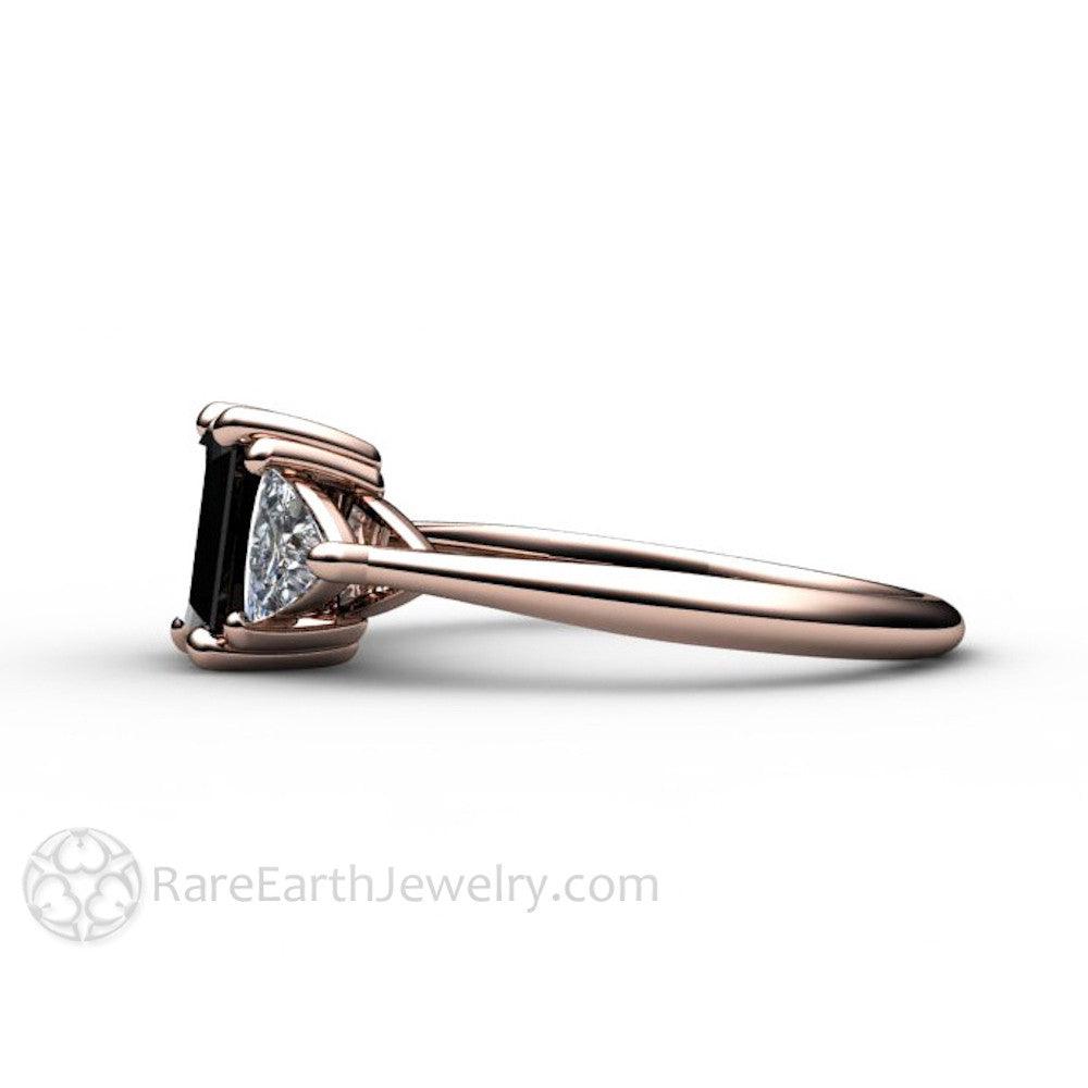 Black Diamond Engagement Ring 3 Stone with Sapphire Trillions, Rare Earth Jewelry