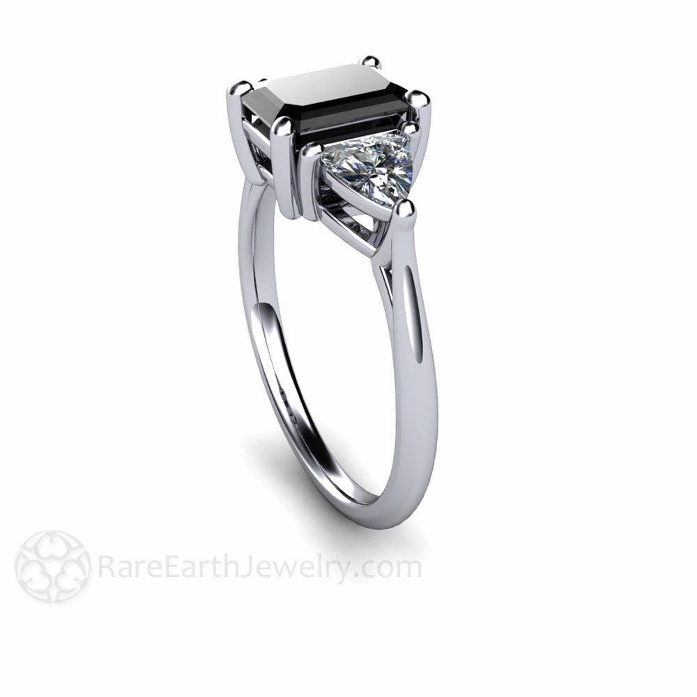 Black Diamond Engagement Ring 3 Stone with Sapphire Trillions, Rare Earth Jewelry