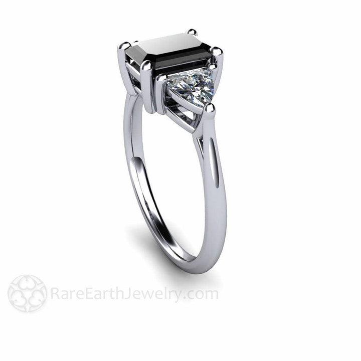 Black Diamond Engagement Ring 3 Stone with Sapphire Trillions, Rare Earth Jewelry