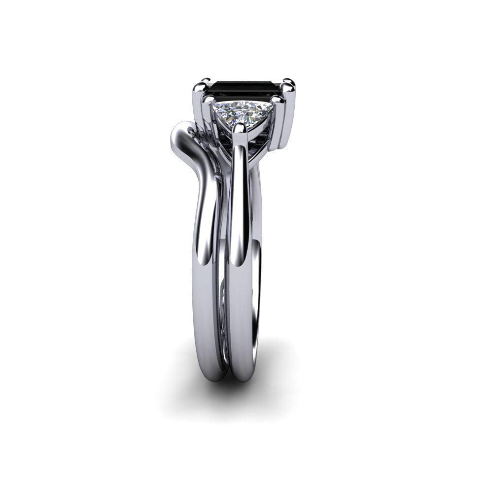 Black Diamond Engagement Ring 3 Stone with Sapphire Trillions, Rare Earth Jewelry