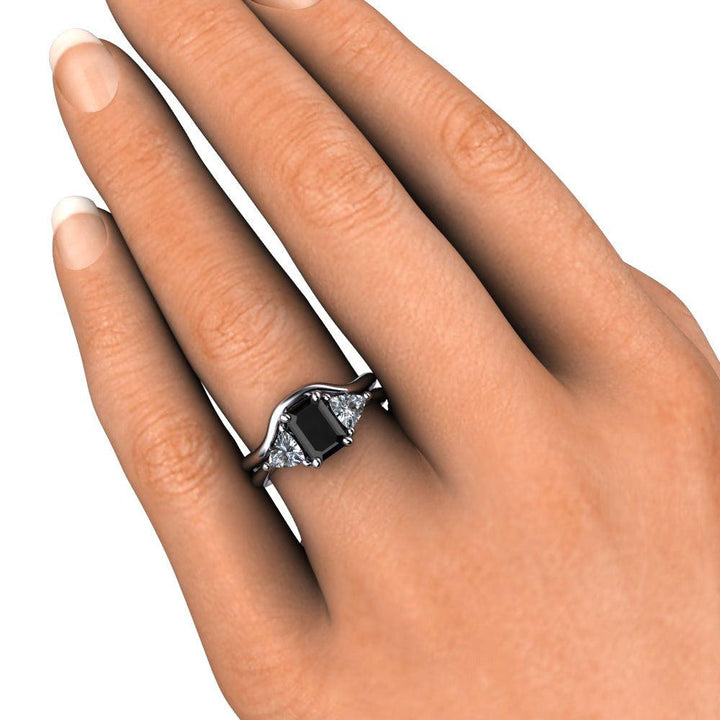 Black Diamond Engagement Ring 3 Stone with Sapphire Trillions, Rare Earth Jewelry