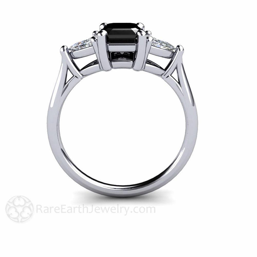Black Diamond Engagement Ring 3 Stone with Sapphire Trillions, Rare Earth Jewelry