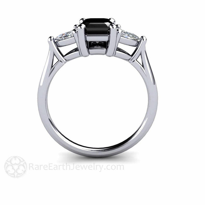 Black Diamond Engagement Ring 3 Stone with Sapphire Trillions, Rare Earth Jewelry
