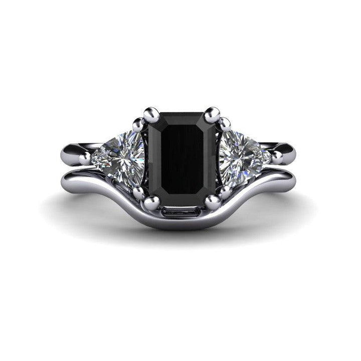 Black Diamond Engagement Ring 3 Stone with Sapphire Trillions, Rare Earth Jewelry