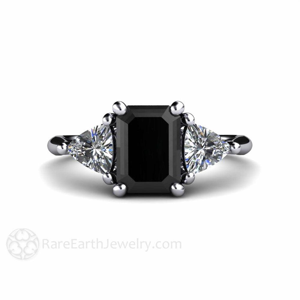 Black Diamond Engagement Ring 3 Stone with Sapphire Trillions, Rare Earth Jewelry