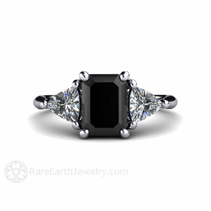 Black Diamond Engagement Ring 3 Stone with Sapphire Trillions, Rare Earth Jewelry