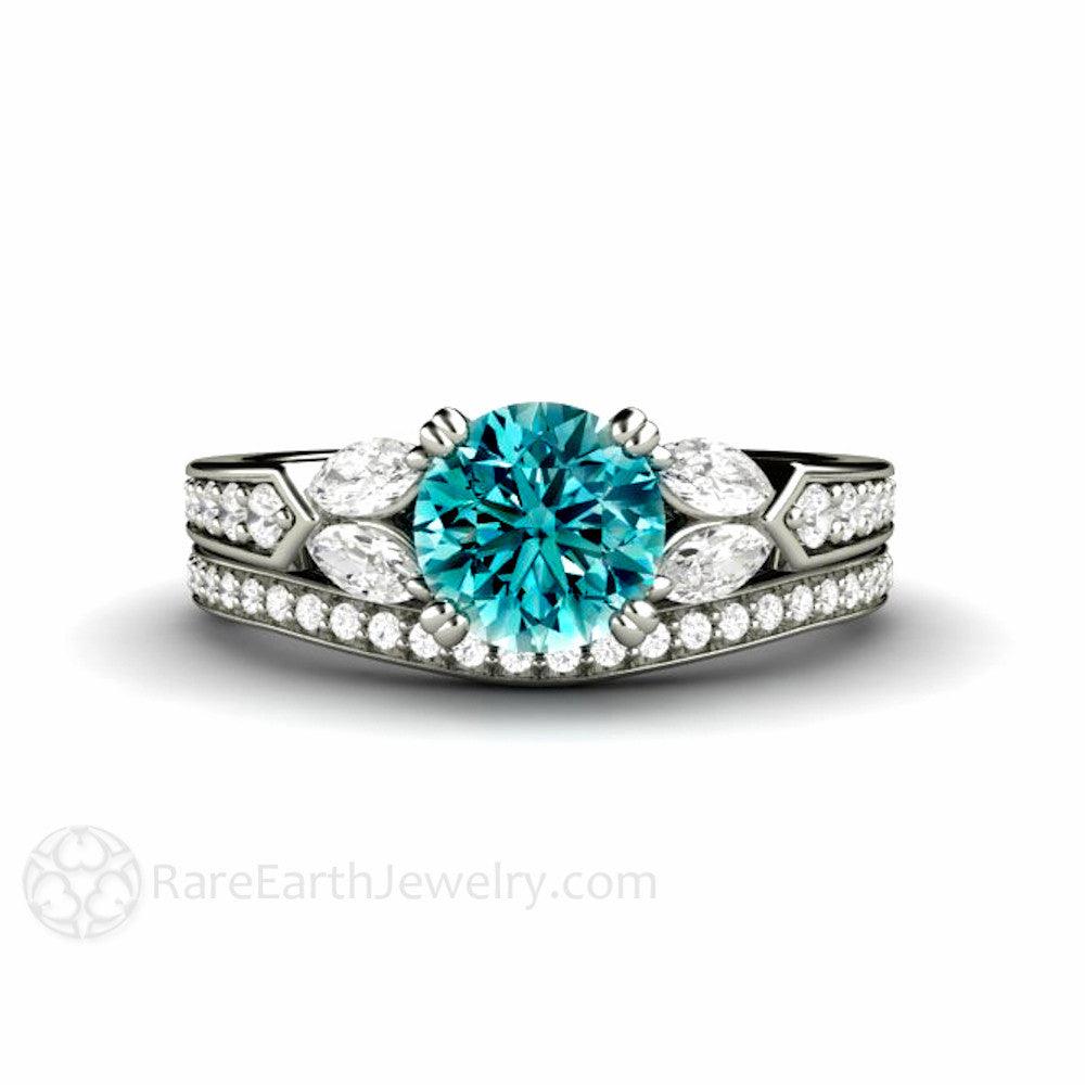 Blue Diamond Engagement Ring Vintage Solitaire Marquise Accents, Rare Earth Jewelry