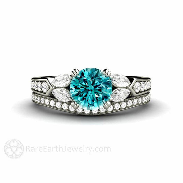 Blue Diamond Engagement Ring Vintage Solitaire Marquise Accents, Rare Earth Jewelry