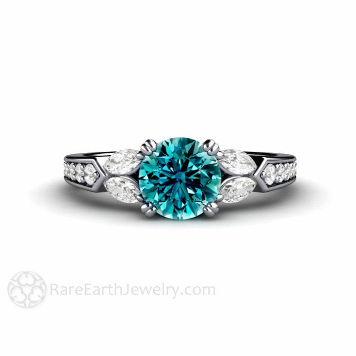 Blue Diamond Engagement Ring Vintage Solitaire Marquise Accents, Rare Earth Jewelry