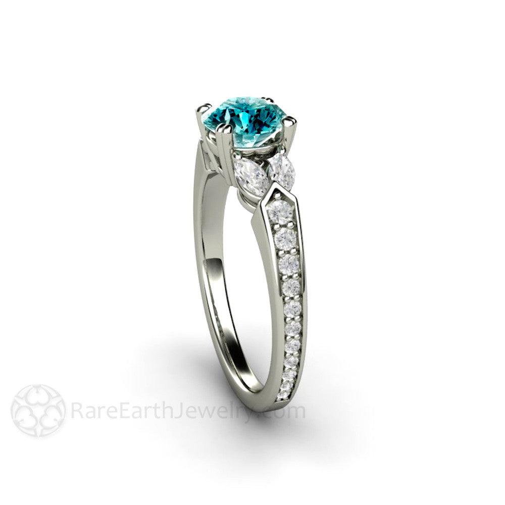 Blue Diamond Engagement Ring Vintage Solitaire Marquise Accents, Rare Earth Jewelry