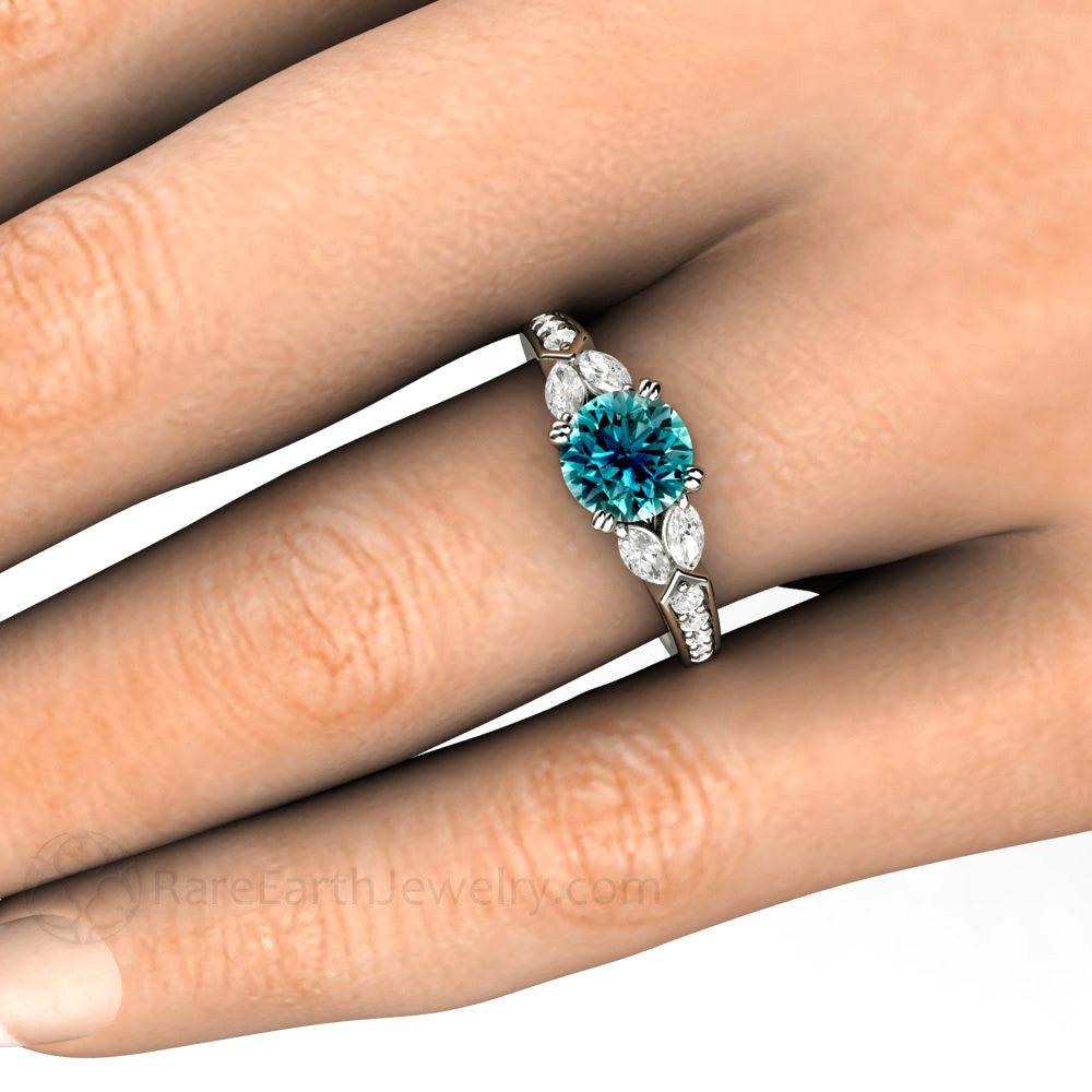Blue Diamond Engagement Ring Vintage Solitaire Marquise Accents, Rare Earth Jewelry