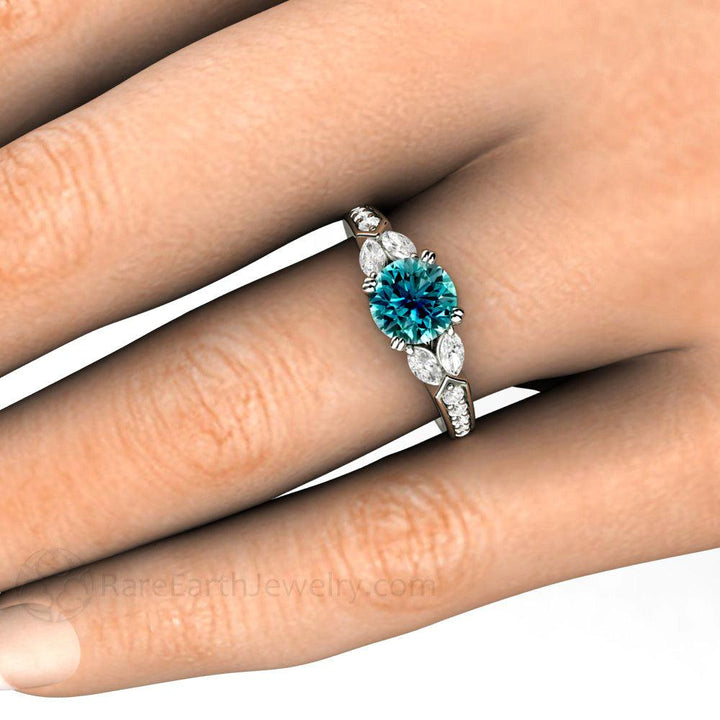 Blue Diamond Engagement Ring Vintage Solitaire Marquise Accents, Rare Earth Jewelry