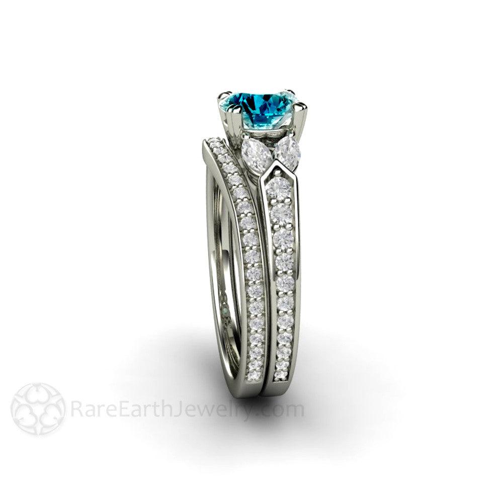 Blue Diamond Engagement Ring Vintage Solitaire Marquise Accents, Rare Earth Jewelry