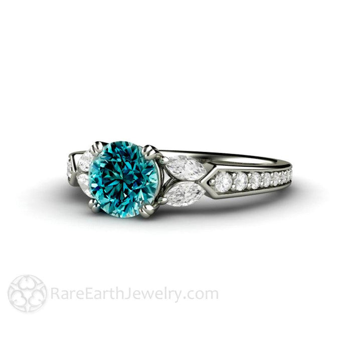 Blue Diamond Engagement Ring Vintage Solitaire Marquise Accents, Rare Earth Jewelry