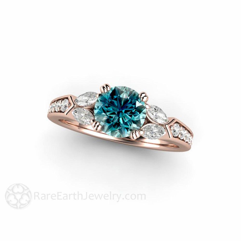 Blue Diamond Engagement Ring Vintage Solitaire Marquise Accents, Rare Earth Jewelry