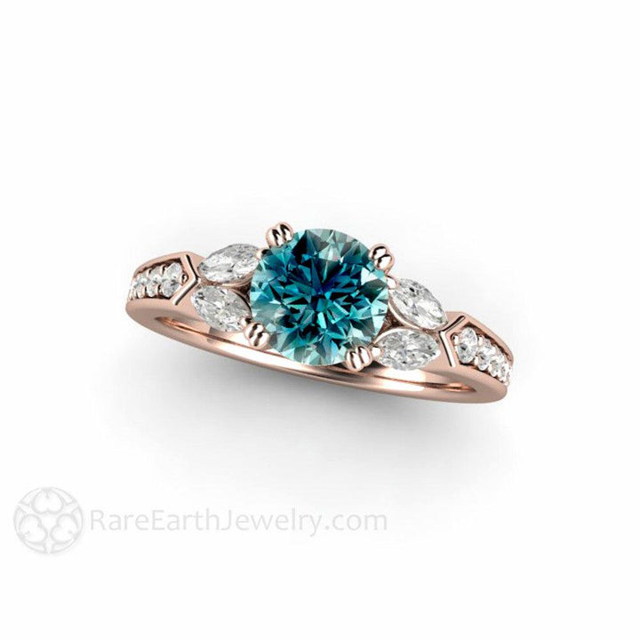 Blue Diamond Engagement Ring Vintage Solitaire Marquise Accents, Rare Earth Jewelry
