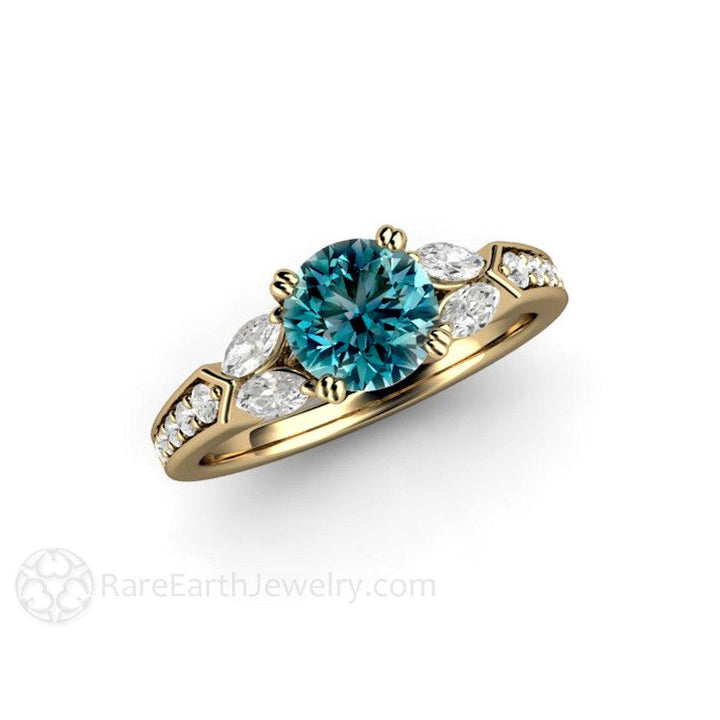Blue Diamond Engagement Ring Vintage Solitaire Marquise Accents, Rare Earth Jewelry