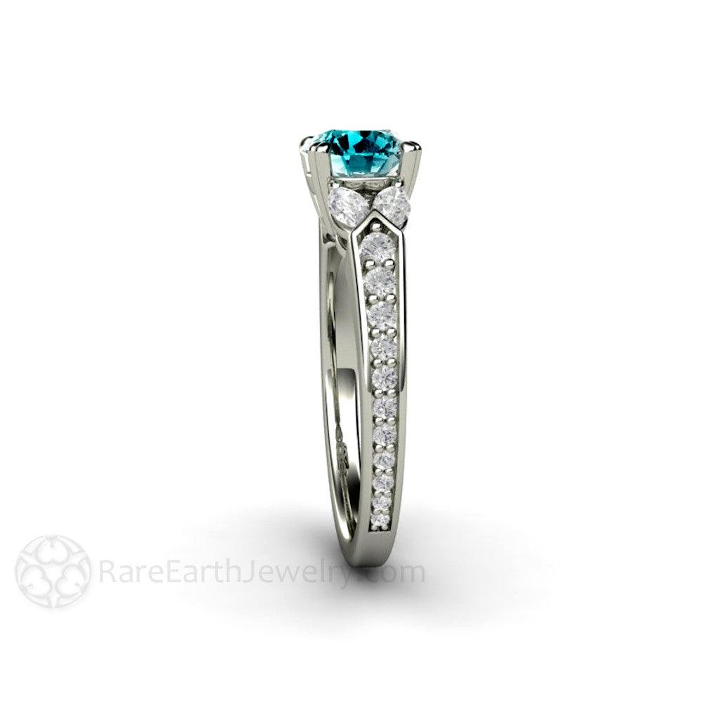 Blue Diamond Engagement Ring Vintage Solitaire Marquise Accents, Rare Earth Jewelry
