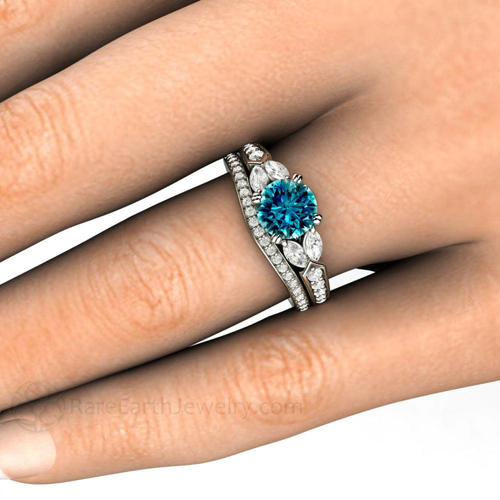 Blue Diamond Engagement Ring Vintage Solitaire Marquise Accents, Rare Earth Jewelry