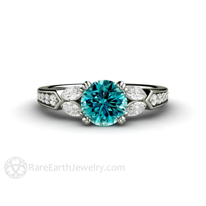 Blue Diamond Engagement Ring Vintage Solitaire Marquise Accents, Rare Earth Jewelry