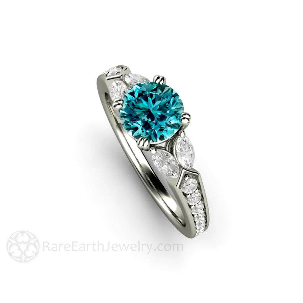 Blue Diamond Engagement Ring Vintage Solitaire Marquise Accents, Rare Earth Jewelry