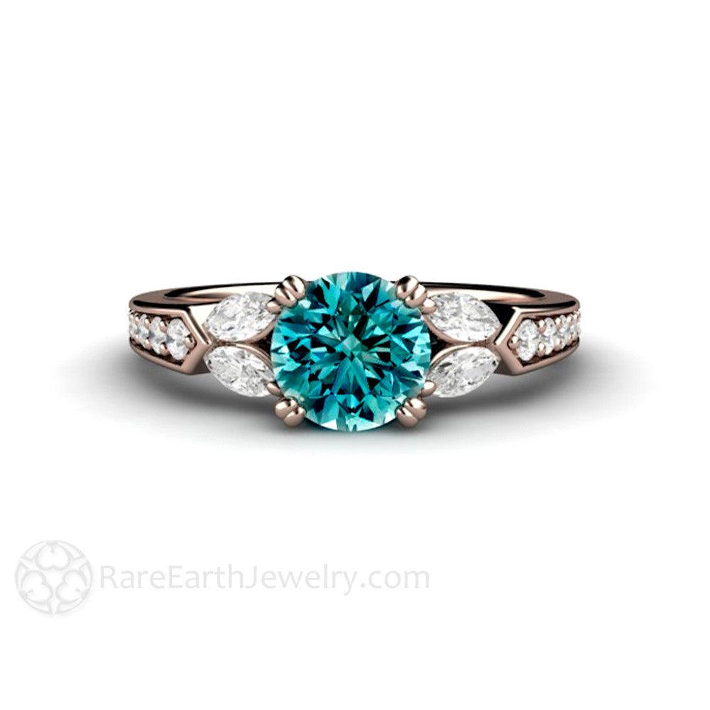Blue Diamond Engagement Ring Vintage Solitaire Marquise Accents, Rare Earth Jewelry
