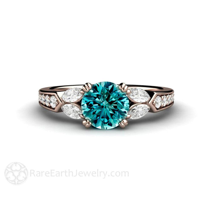 Blue Diamond Engagement Ring Vintage Solitaire Marquise Accents, Rare Earth Jewelry