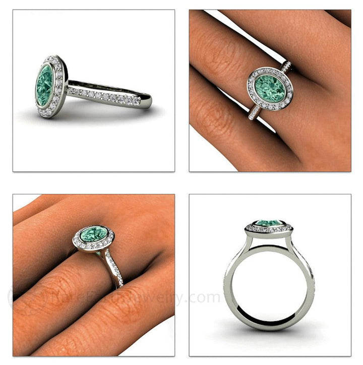 Blue Green Montana Sapphire Engagement Ring | Oval Bezel with Diamond Halo, Rare Earth Jewelry