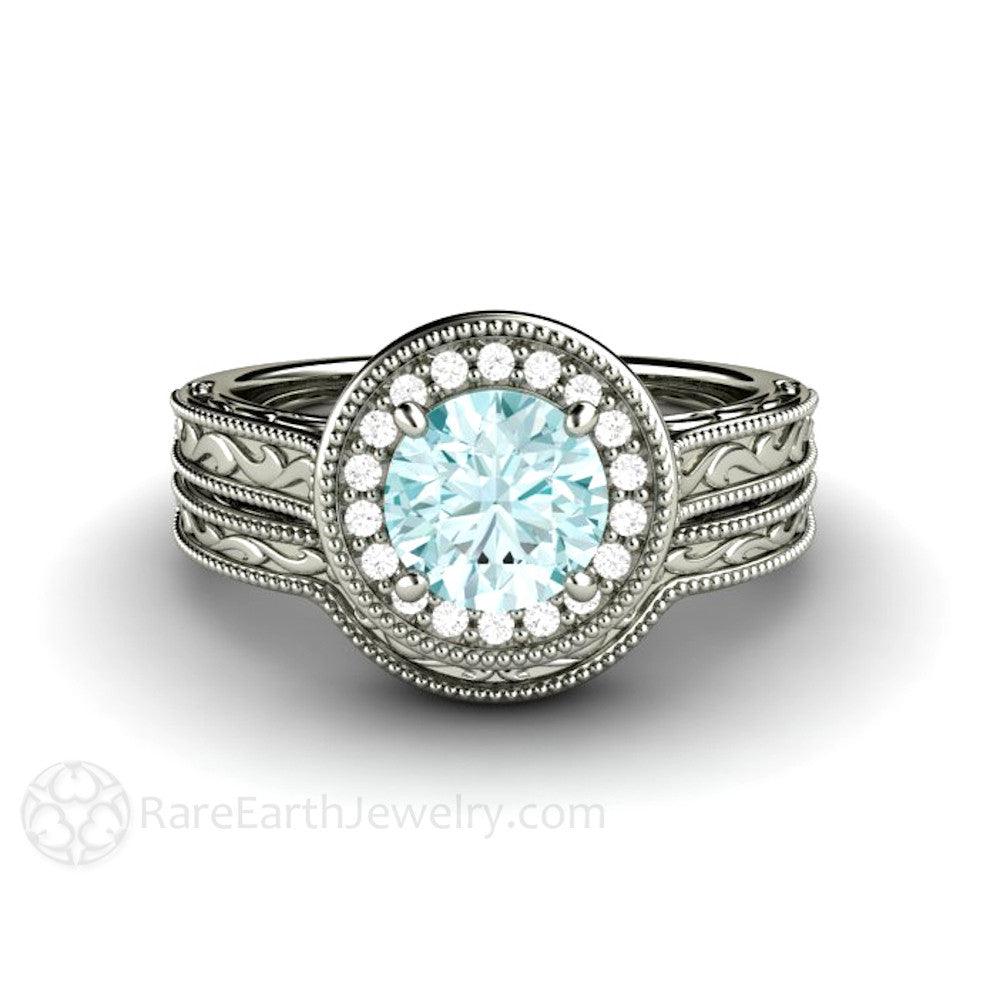 Blue Moissanite Engagement Ring Vintage Engraved Halo, Rare Earth Jewelry