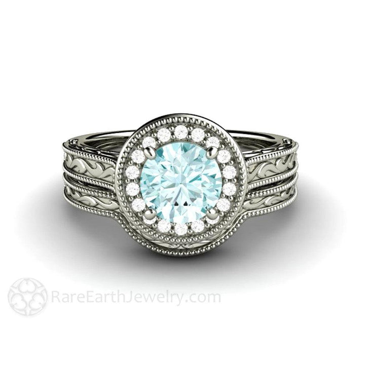 Blue Moissanite Engagement Ring Vintage Engraved Halo, Rare Earth Jewelry