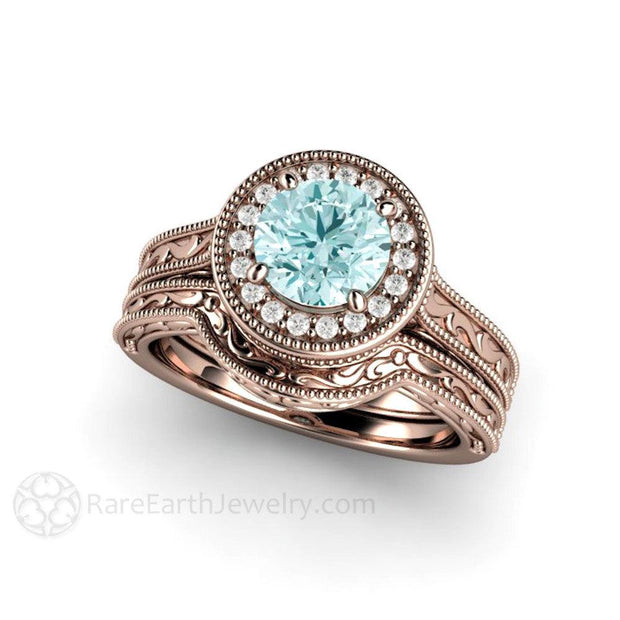 Blue Moissanite Engagement Ring Vintage Engraved Halo - 14K Rose Gold - Wedding Set - Blue - Halo - Moissanite - Rare Earth Jewelry