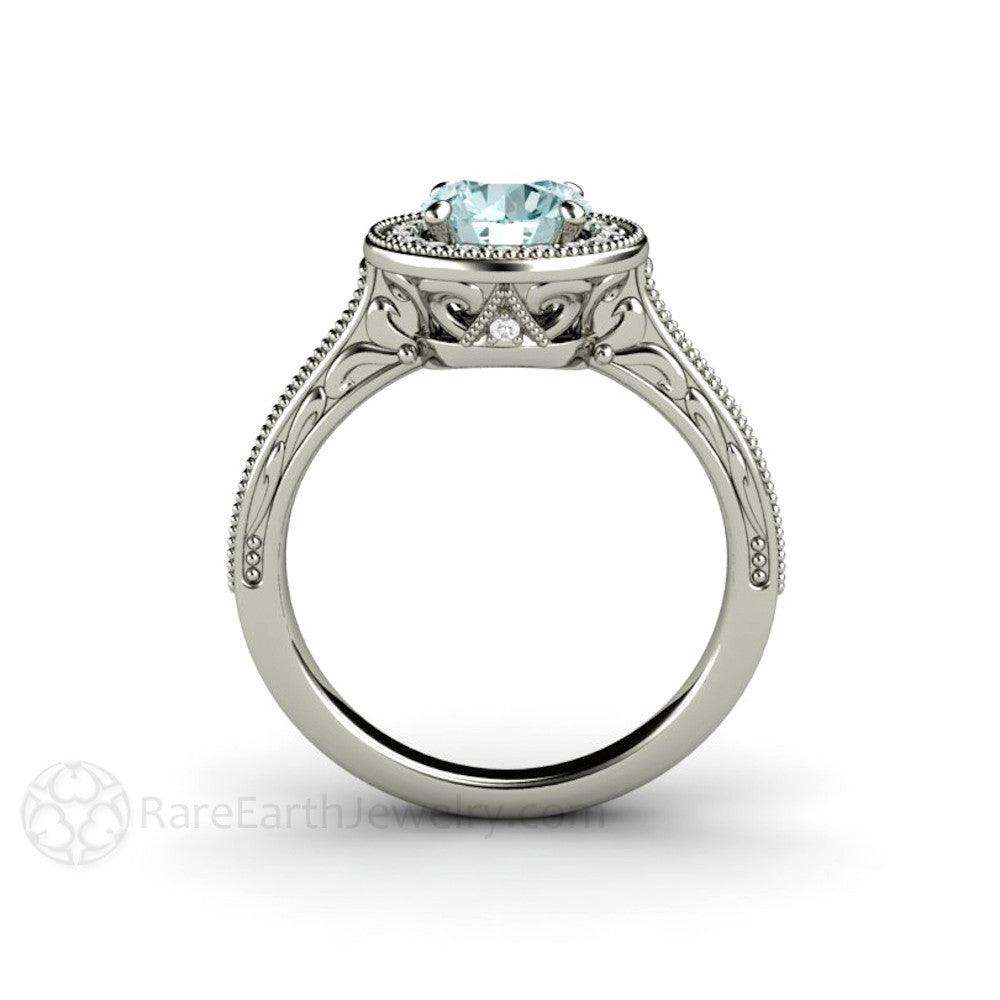 Blue Moissanite Engagement Ring Vintage Engraved Halo, Rare Earth Jewelry