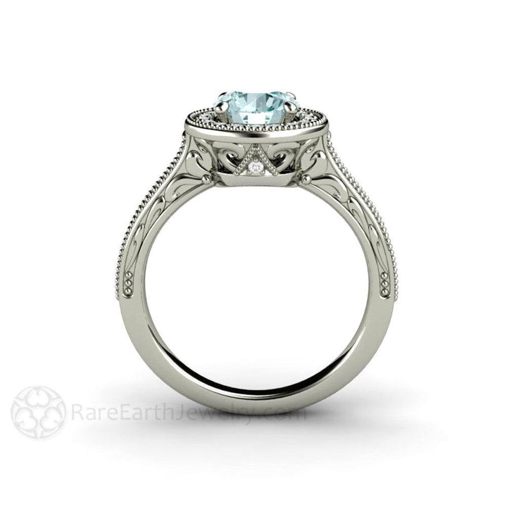 Blue Moissanite Engagement Ring Vintage Engraved Halo, Rare Earth Jewelry